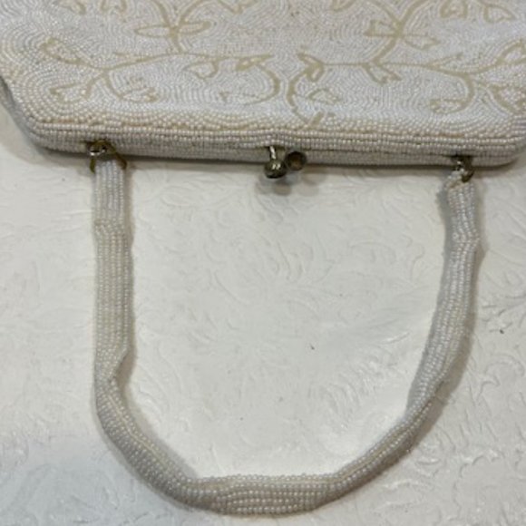 VTG Handmade White Pearl Beads Floral Pattern Kiss Lock Evening Purse Handbag - Picture 6 of 12